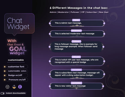 Classical Floral Purple Chat and Goal Widget •Minimal, Starry, Mystical• Chat Box with Pronouns & Alerts for Twitch Streams (StreamElements)
