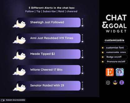 Lunar Cat Aesthetic Dark Purple Chat & Goal Stream Widgets - Animated, celestial Elegant Lunar Theme Clean Vibe Streamelement Only