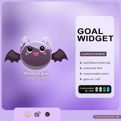 Cute Spooky Bat Liquid Filling Goal Widget is fully customisable for Twitch Streamlabs, TikTok Studio, and Streamelements