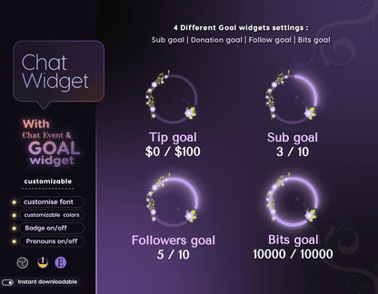 Classical Floral Purple Chat and Goal Widget •Minimal, Starry, Mystical• Chat Box with Pronouns & Alerts for Twitch Streams (StreamElements)