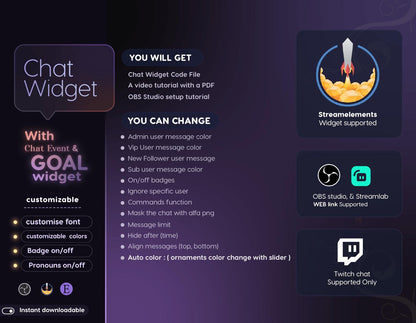 Classical Floral Purple Chat and Goal Widget •Minimal, Starry, Mystical• Chat Box with Pronouns & Alerts for Twitch Streams (StreamElements)