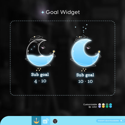 Celestial Cute Moon Liquid Filling Goal Widget is fully customisable for Twitch Streamlabs, TikTok Studio, and Streamelements.