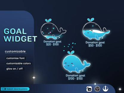 Cute Blue Whale Liquid Filling Goal Widget is fully customisable for Twitch Streamlabs, TikTok Studio, and Streamelements.