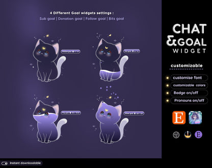 Lunar Cat Aesthetic Dark Purple Chat & Goal Stream Widgets - Animated, celestial Elegant Lunar Theme Clean Vibe Streamelement Only
