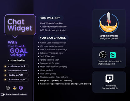 Chrystal Moon Elegant Chat and Goal Stream Widgets - Minimal, Starry Night Moon Theme Clean Vibe Streamelement Only