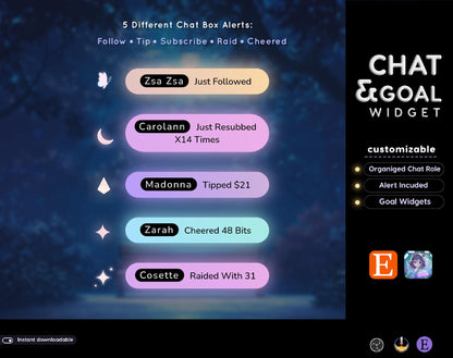 Moon Glow Neon Aesthetic Chat and Goal Stream Widgets - Minimal,Neon Light, Elegant Glow Theme Clean Vibe Streamelement Only