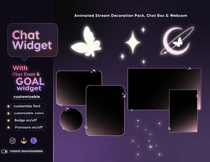 Butterfly Galaxy Theme Glassy Transparent Chat and Goal Stream Widgets - Minimal,Starry, Elegant Glass Theme Clean Vibe Streamelement Only