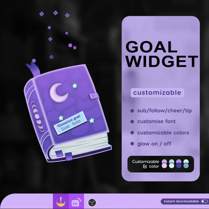 Goth Spell Book Spooky Vibes Liquid Filling Goal Widget is fully customisable for Twitch Streamlabs, TikTok Studio, and Streamelements.