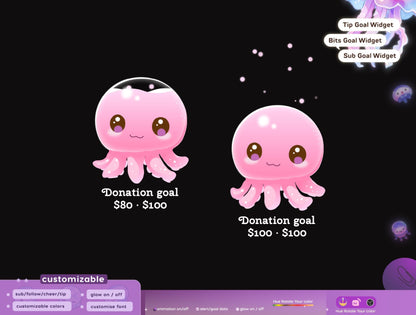 Cute Auctopus Liquid Filling Goal Widget is fully customisable for Twitch Streamlabs, TikTok Studio, and Streamelements.