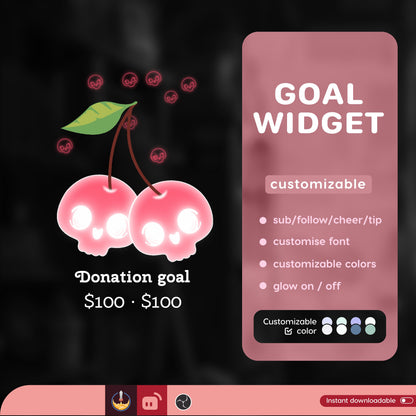 Twin skull berry Goal Widget | cute fully customisable for Twitch Streamlabs, TikTok Studio, and Streamelements