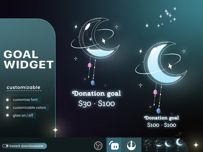 Celestial Moon Cute Liquid Filling Goal Widget is fully customisable for Twitch Streamlabs, TikTok Studio, and Streamelements.