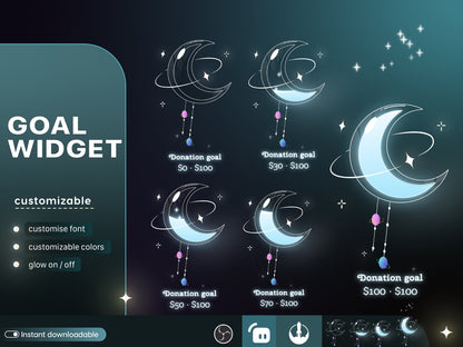 Celestial Moon Cute Liquid Filling Goal Widget is fully customisable for Twitch Streamlabs, TikTok Studio, and Streamelements.