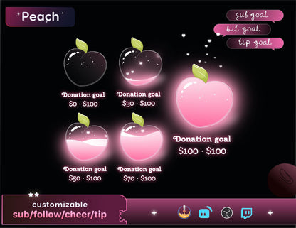 Cute Peach Glass Goal Widget-Cute Minimal Customizable Goal Widget for Twitch TikTok Studio -Streamelements StreamLabs OBS