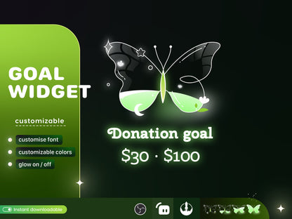 Butterfly Liquid Filling Goal Widget is fully customisable for Twitch Streamlabs, TikTok Studio, and Streamelements.