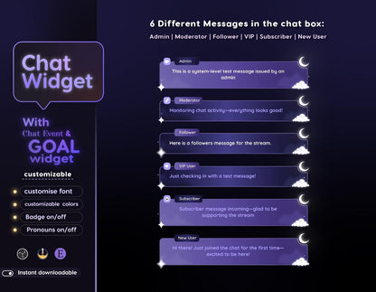Chrystal Moon Elegant Chat and Goal Stream Widgets - Minimal, Starry Night Moon Theme Clean Vibe Streamelement Only