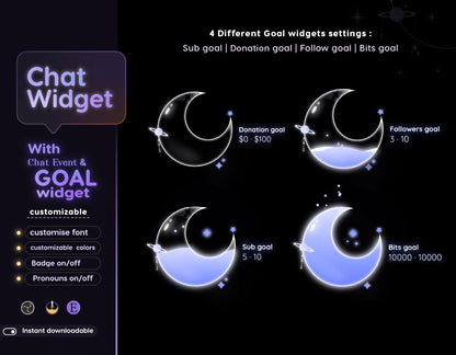 Astro Moon Galaxy Vibe Glassy Transparent Chat & Goal Stream Widgets - Minimal, celestial Elegant Glass Theme Clean Vibe Streamelement Only