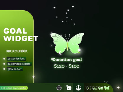 Butterfly Liquid Filling Goal Widget is fully customisable for Twitch Streamlabs, TikTok Studio, and Streamelements.