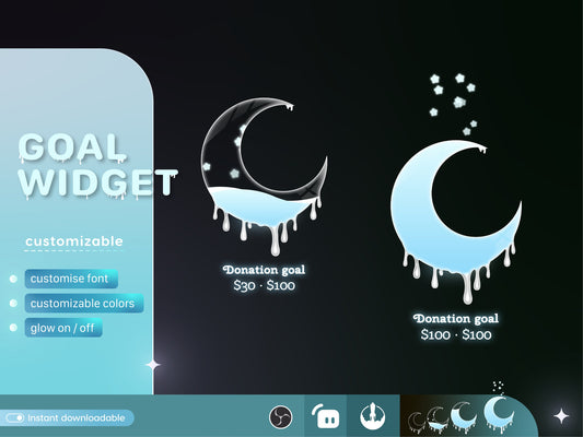 Cute Melting Moon Liquid Filling Goal Widget is fully customisable for Twitch Streamlabs, TikTok Studio, and Streamelements.