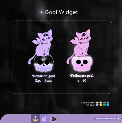 Cat Goth Goal Widget | Cat Skull Liquid Filling Goal Widget is fully customisable for Twitch Streamlabs, TikTok Studio, and Streamelements
