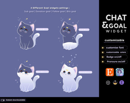 Lunar Cat Aesthetic Light Purple Chat & Goal Stream Widgets - Animated, celestial Elegant Lunar Theme Clean Vibe Streamelement Only