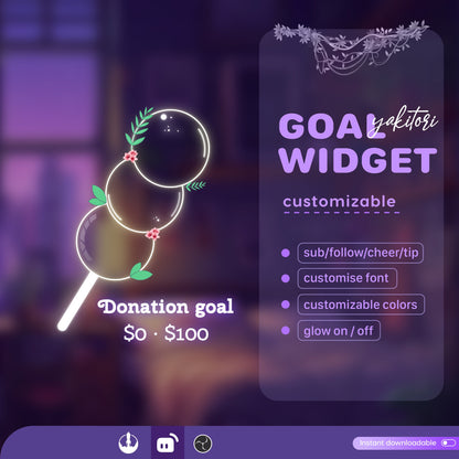 Yakitori Skewered Liquid Filling Goal Widget is fully customisable for Twitch Streamlabs, TikTok Studio, and Streamelements.
