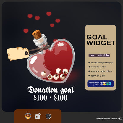 Halloween Eye potion bottle Liquid Filling Goal Widget is fully customisable for Twitch Streamlabs, TikTok Studio, and Streamelements