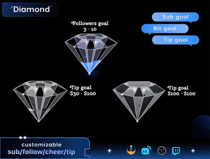 Sparkling Diamond Liquid Filling Goal Widget is fully customisable for Twitch Streamlabs, TikTok Studio, and Streamelements