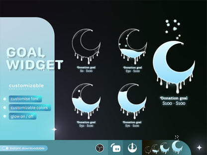 Cute Melting Moon Liquid Filling Goal Widget is fully customisable for Twitch Streamlabs, TikTok Studio, and Streamelements.
