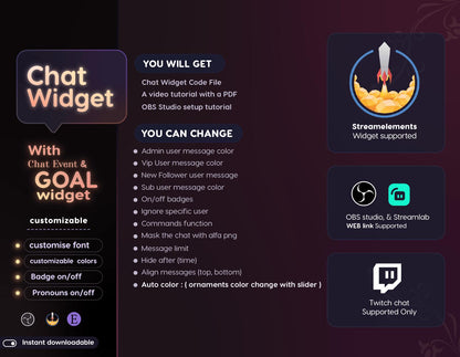 Classical Floral Red Chat and Goal Widget •Minimal, Starry, Mystical• Chat Box with Pronouns & Alerts for Twitch StreamElements