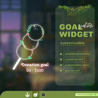 Yakitori Skewered Liquid Filling Goal Widget is fully customisable for Twitch Streamlabs, TikTok Studio, and Streamelements.
