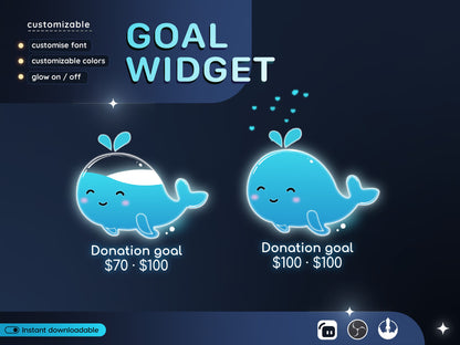 Cute Blue Whale Liquid Filling Goal Widget is fully customisable for Twitch Streamlabs, TikTok Studio, and Streamelements.