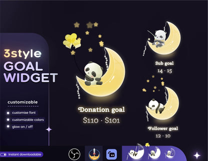 Cute Moon Panda Combo Liquid Filling Goal Widget is fully customisable for Twitch Streamlabs, TikTok Studio, and Streamelements.