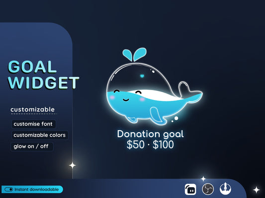 Cute Blue Whale Liquid Filling Goal Widget is fully customisable for Twitch Streamlabs, TikTok Studio, and Streamelements.