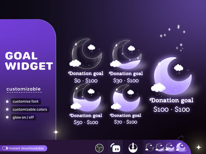 Dreamy Moon Cloud Glass Goal Widget - Customisable for Twitch and TikTok Studio