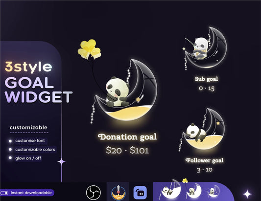 Cute Moon Panda Combo Liquid Filling Goal Widget is fully customisable for Twitch Streamlabs, TikTok Studio, and Streamelements.