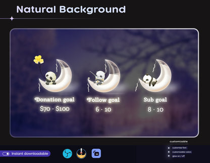 Cute Moon Panda Combo Liquid Filling Goal Widget is fully customisable for Twitch Streamlabs, TikTok Studio, and Streamelements.