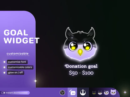 Cute Owl Liquid Filling Goal Widget is fully customisable for Twitch Streamlabs, TikTok Studio, and Streamelements.