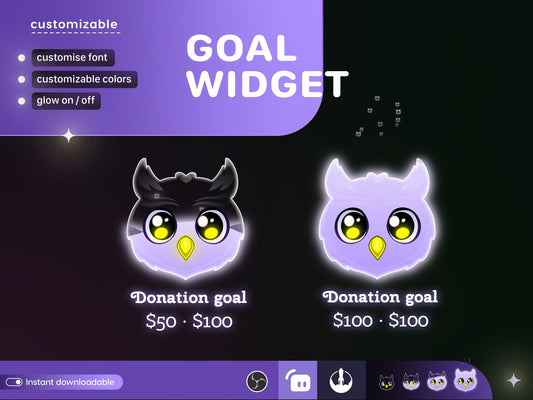 Cute Owl Liquid Filling Goal Widget is fully customisable for Twitch Streamlabs, TikTok Studio, and Streamelements.