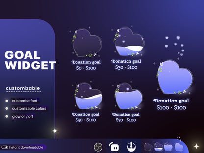 Cute Minimalist Heart Liquid Filling Goal Widget is fully customisable for Twitch Streamlabs, TikTok Studio, and Streamelements.