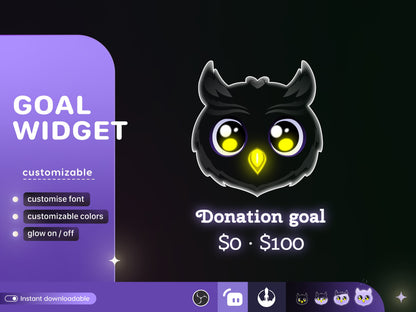 Cute Owl Liquid Filling Goal Widget is fully customisable for Twitch Streamlabs, TikTok Studio, and Streamelements.