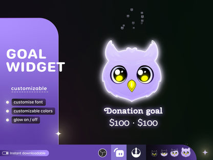 Cute Owl Liquid Filling Goal Widget is fully customisable for Twitch Streamlabs, TikTok Studio, and Streamelements.