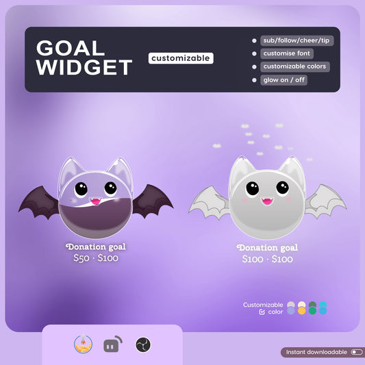 Cute Spooky Bat Liquid Filling Goal Widget is fully customisable for Twitch Streamlabs, TikTok Studio, and Streamelements