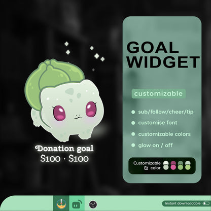 Cute Bulbasaur Pok-é-mon Liquid Filling Goal Widget is fully customisable for Twitch Streamlabs, TikTok Studio, and Stream-elements