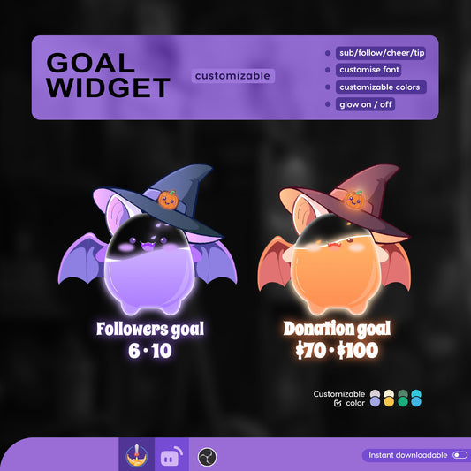 Cute Bat Liquid Filling Goal Widget is fully customisable for Twitch Streamlabs, TikTok Studio, and Streamelements