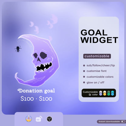 Spooky Skull Moon Ghost Liquid Filling Goal Widget is fully customisable for Twitch Streamlabs, TikTok Studio, and Streamelements