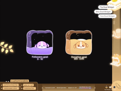 Cute Dog Toast Liquid Filling Goal Widget is fully customisable for Twitch Streamlabs, TikTok Studio, and Streamelements