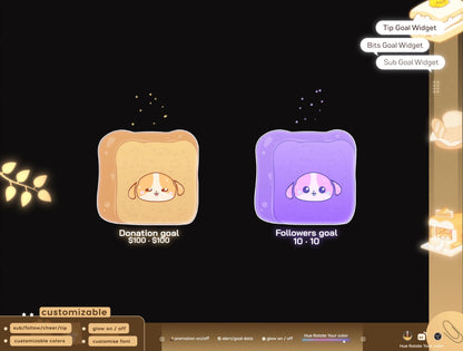 Cute Dog Toast Liquid Filling Goal Widget is fully customisable for Twitch Streamlabs, TikTok Studio, and Streamelements