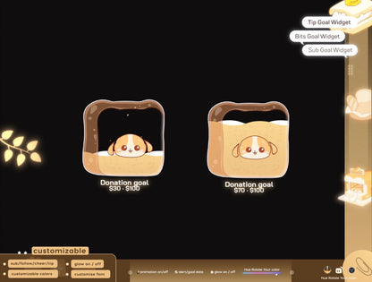 Cute Dog Toast Liquid Filling Goal Widget is fully customisable for Twitch Streamlabs, TikTok Studio, and Streamelements