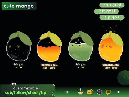 Cute Mango Liquid Filling Goal Widget is fully customisable for Twitch Streamlabs, TikTok Studio, and Streamelements.