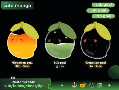 Cute Mango Liquid Filling Goal Widget is fully customisable for Twitch Streamlabs, TikTok Studio, and Streamelements.